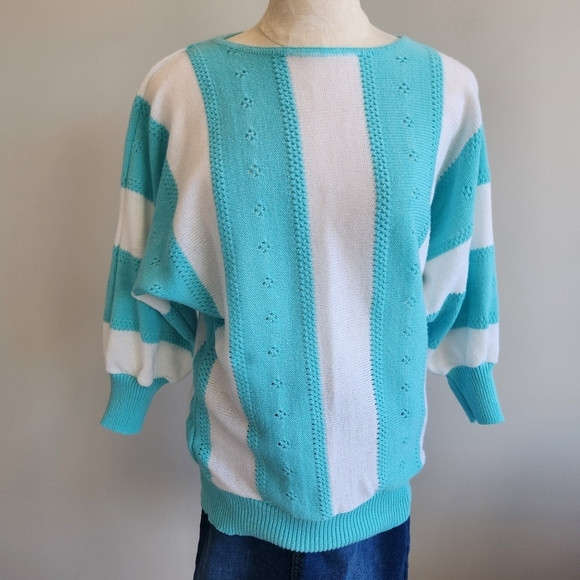 80s Vintage SEARS Teal and White Women's Knit Top 3/4 Length Sleeve Sweater - Picture 4 of 12